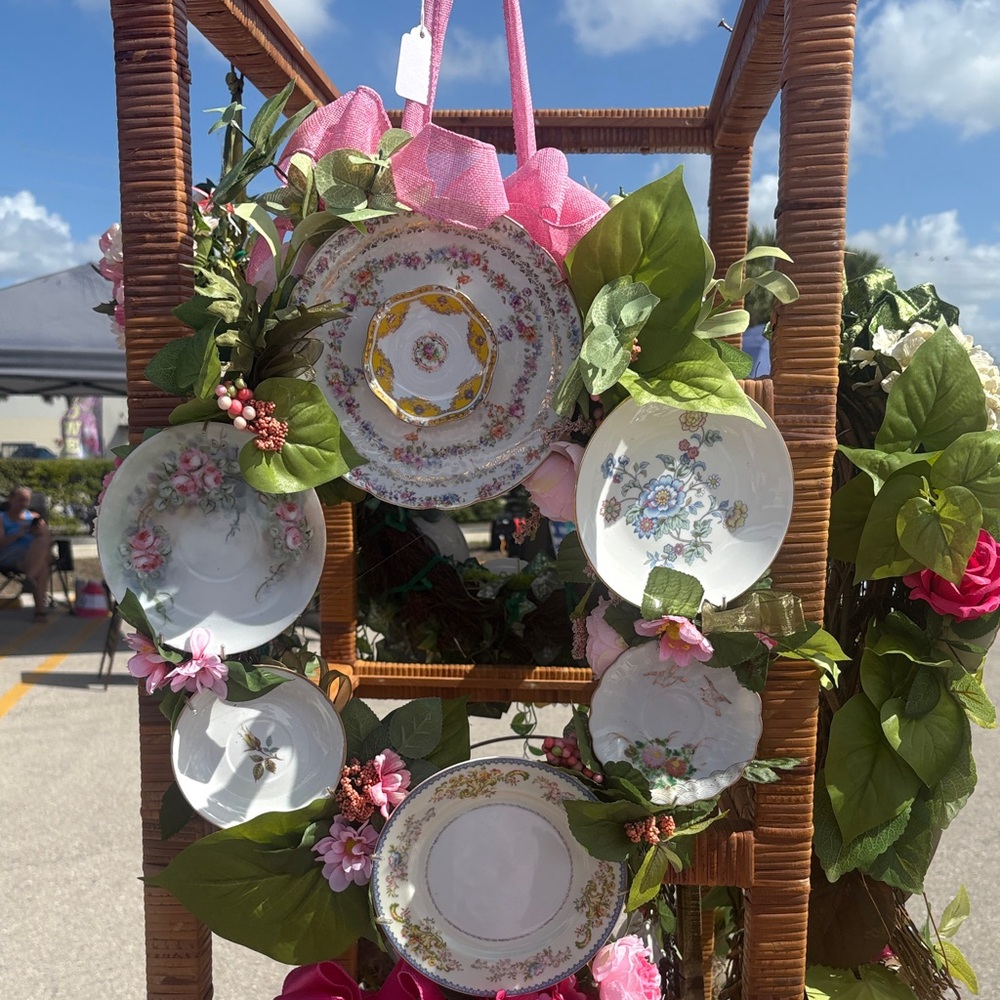 Vintage Floral China Plate Wreath with Pink Accents